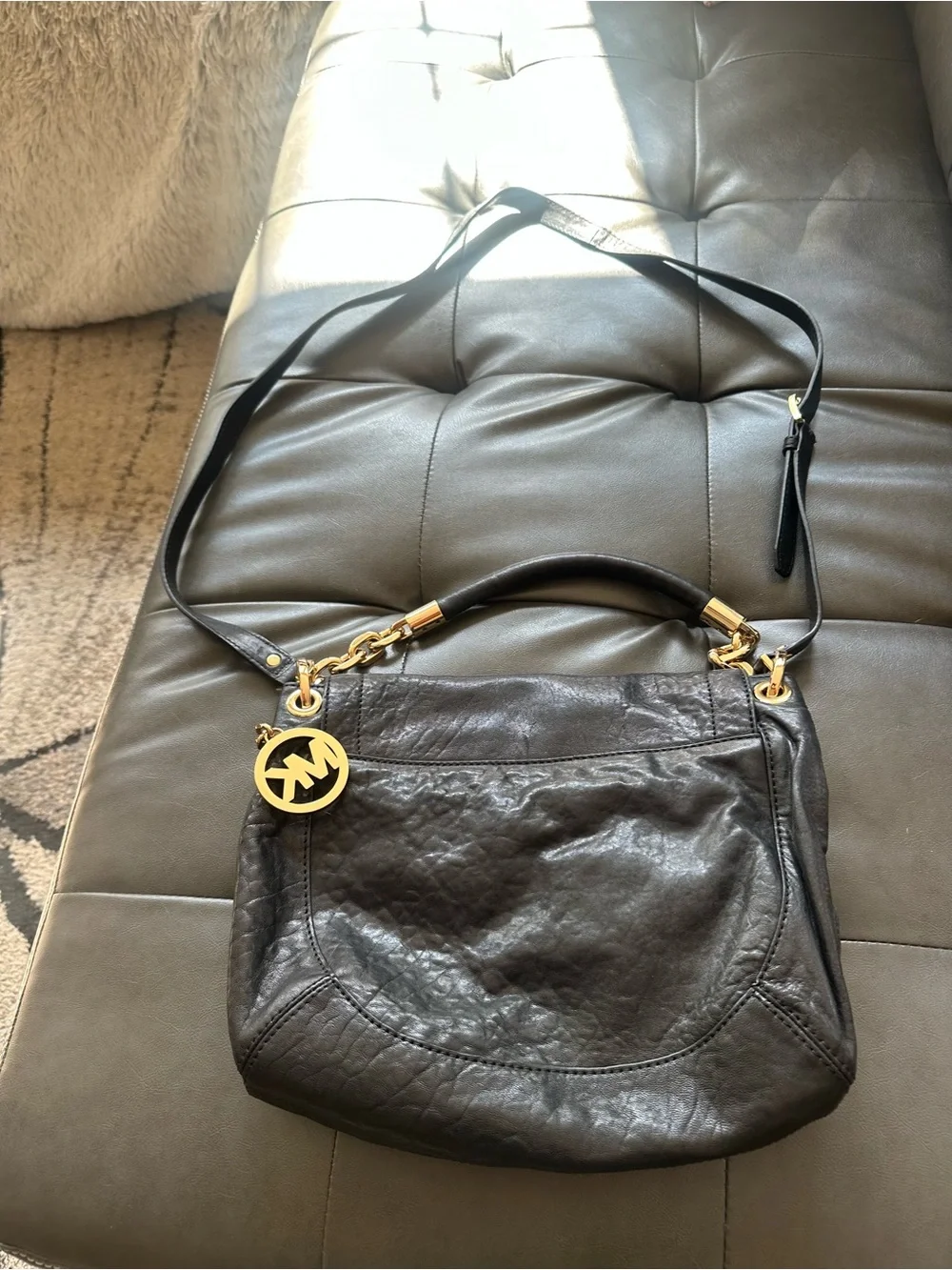 Michael Kors Black Leather Crossbody with Gold Accents